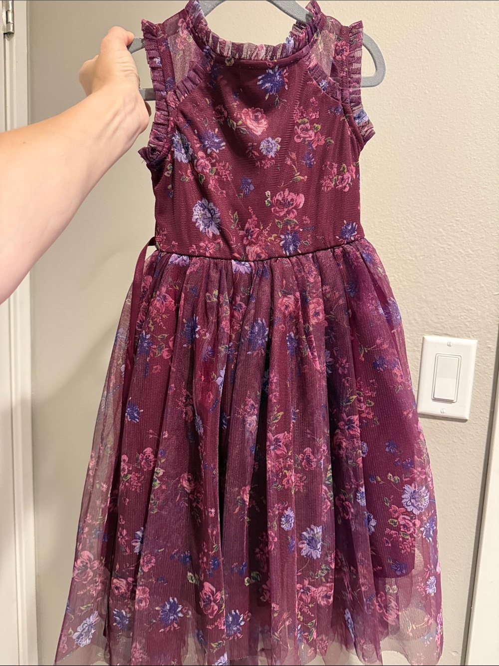 Girls' Floral Burgundy Tulle Dress